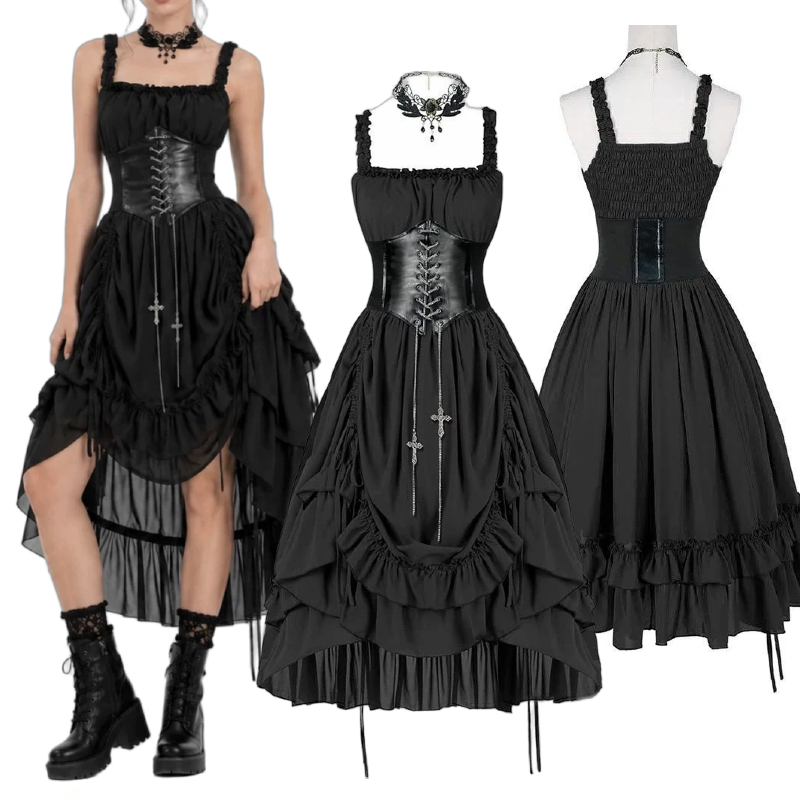 Medieval Renaissance Dress Women - 여성 고딕 드레스 코르셋 슬립 블랙