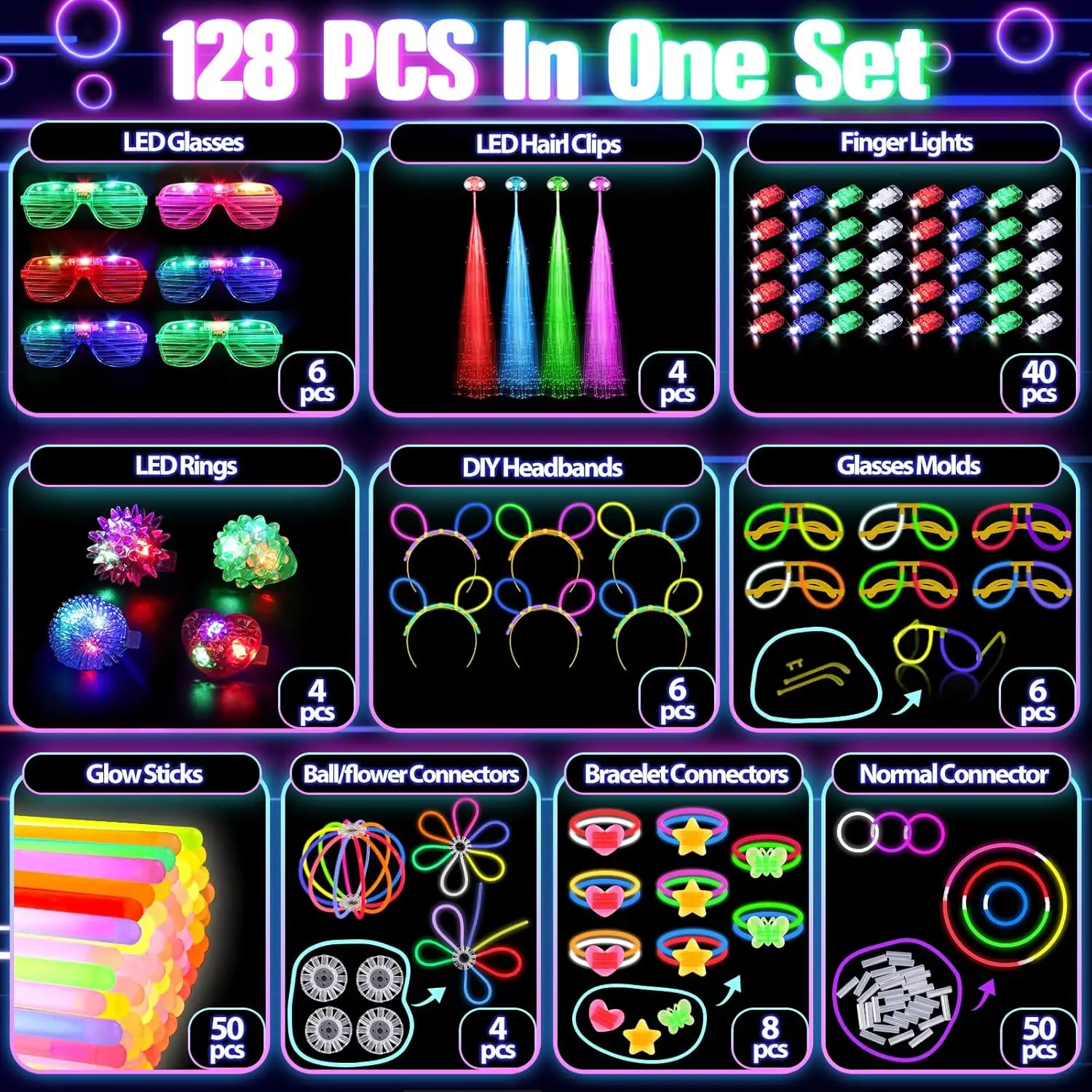 128개 LED 라이트업 안경, 헤어핀, 손가락 라이트 - Glow In The Dark Party Glasses 리뷰 및 가격